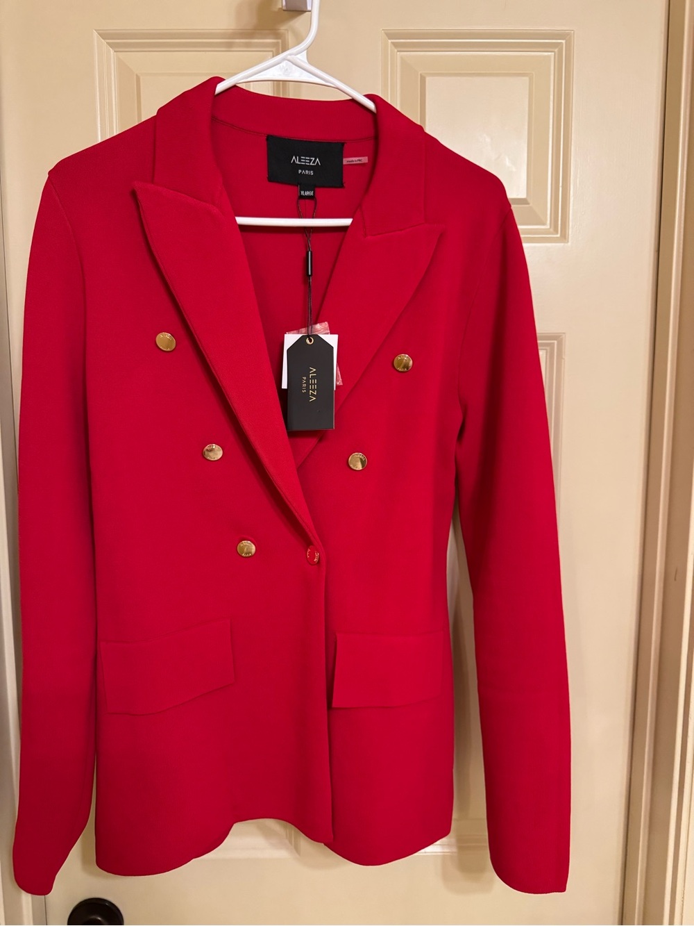 Aleza Paris Women's Red Double-Breasted Blazer with Gold Buttons